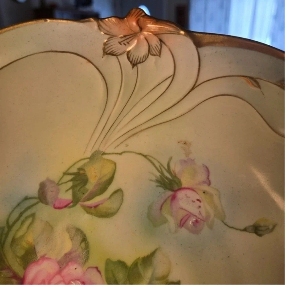 Antique Bavaria JPSV Serving Bowl Green w/ Roses‎ 10